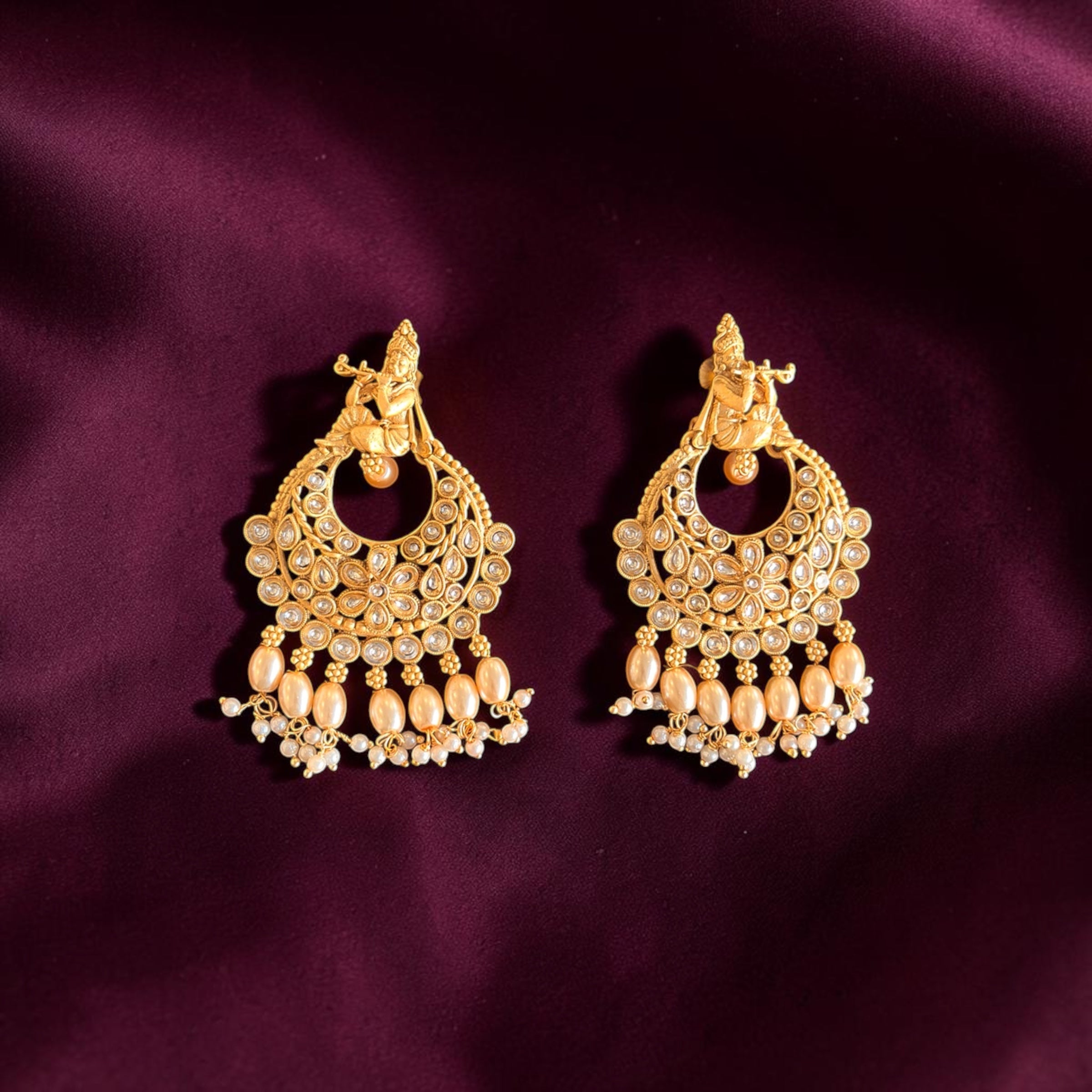 Krishna Design Kundan Chandbali Earrings with Pearls