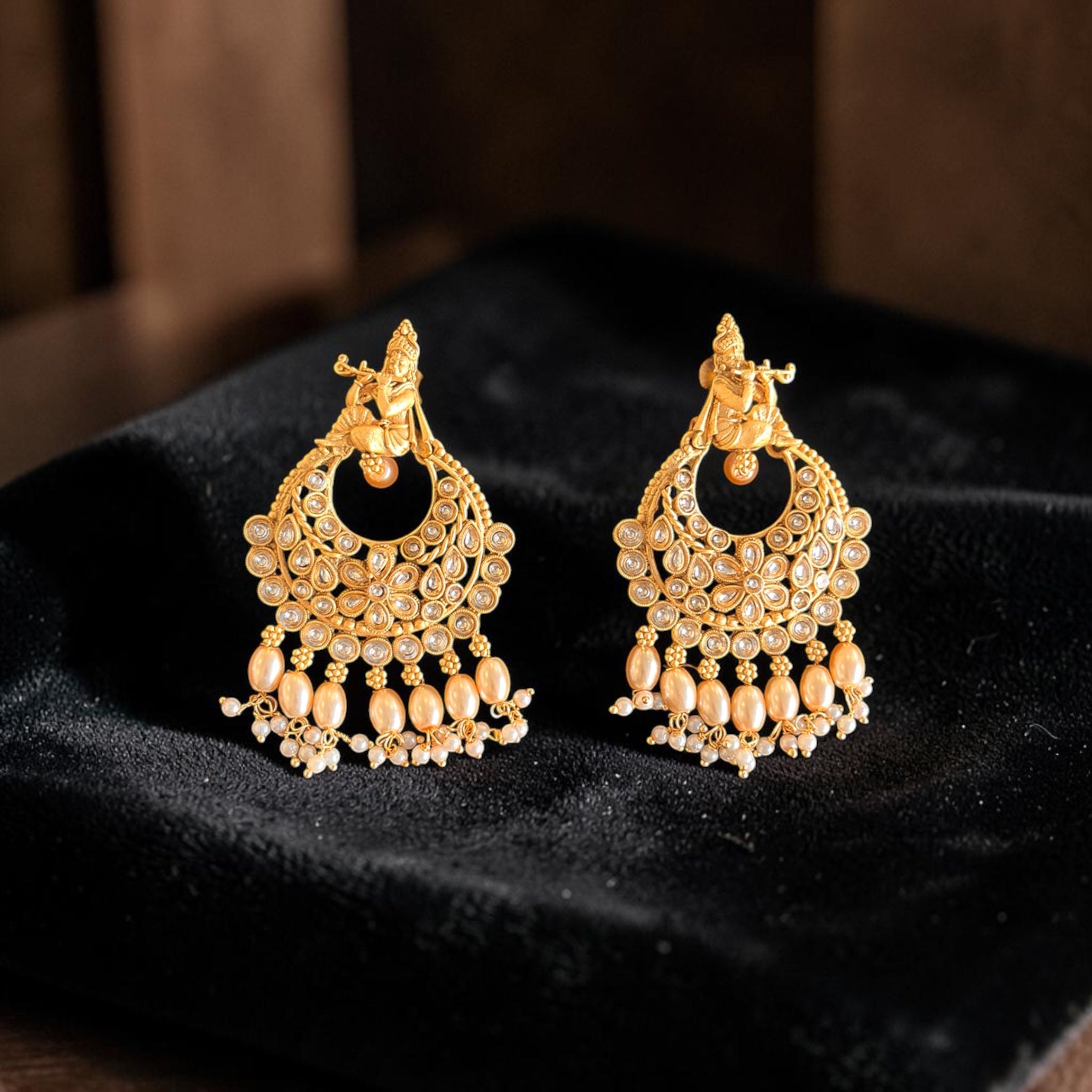 Krishna Design Kundan Chandbali Earrings with Pearls