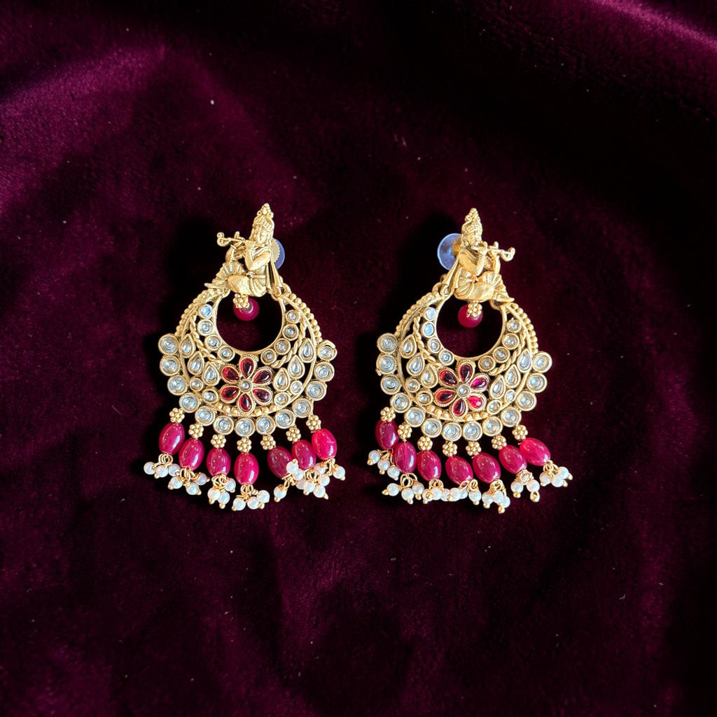 Krishna Design Red Kundan Chandbali Earrings