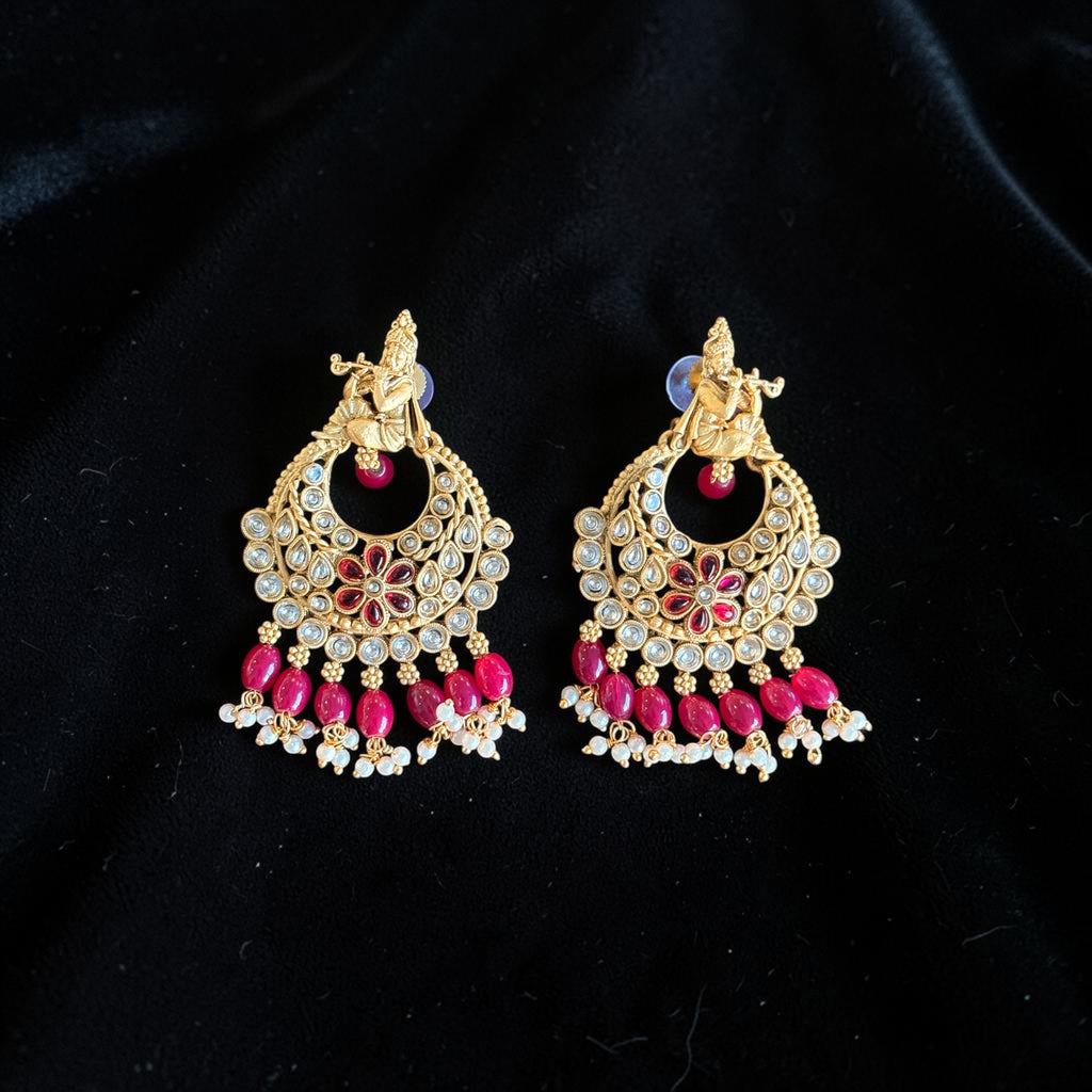 Krishna Design Red Kundan Chandbali Earrings