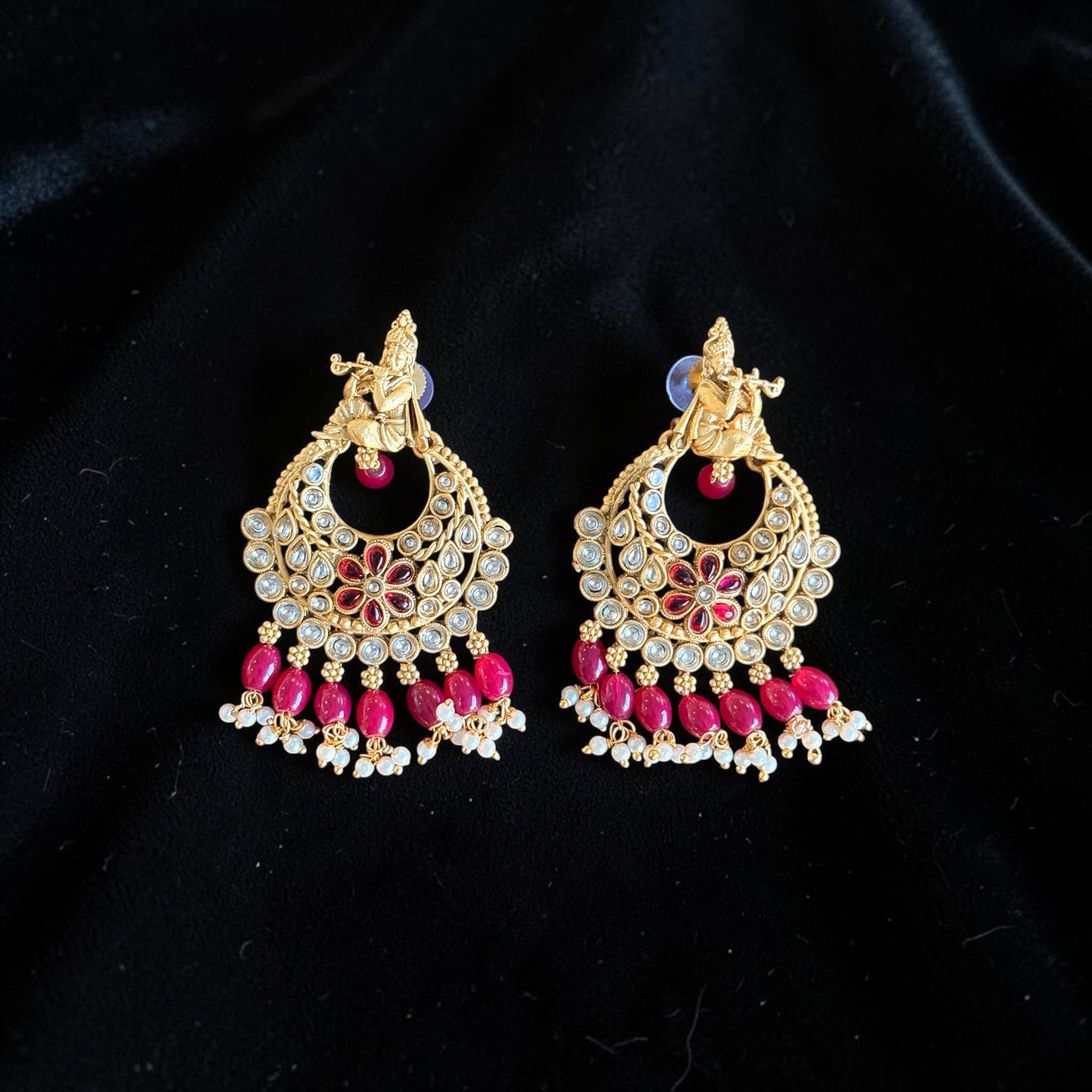 Krishna Design Red Kundan Chandbali Earrings