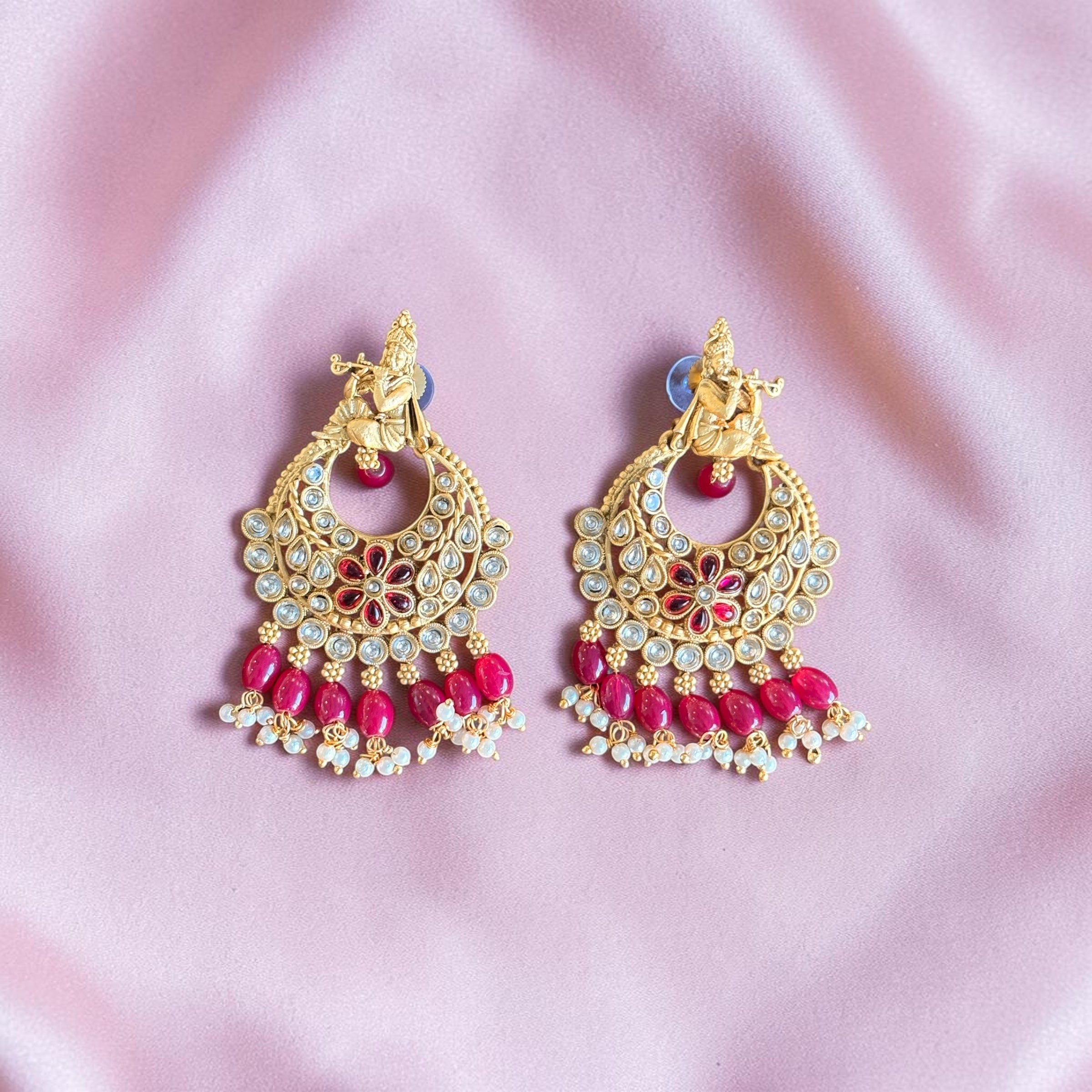 Krishna Design Red Kundan Chandbali Earrings