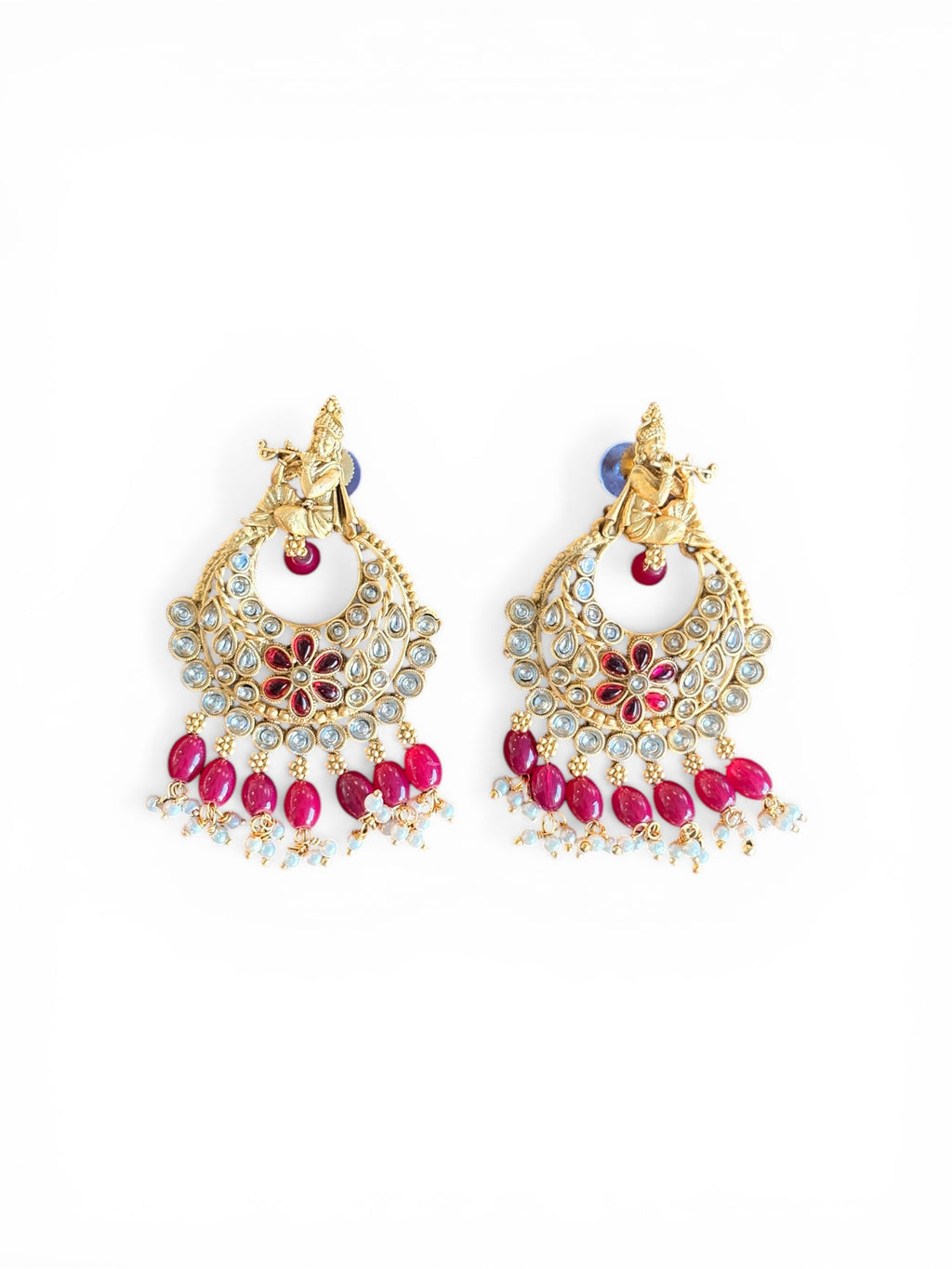 Krishna Design Red Kundan Chandbali Earrings