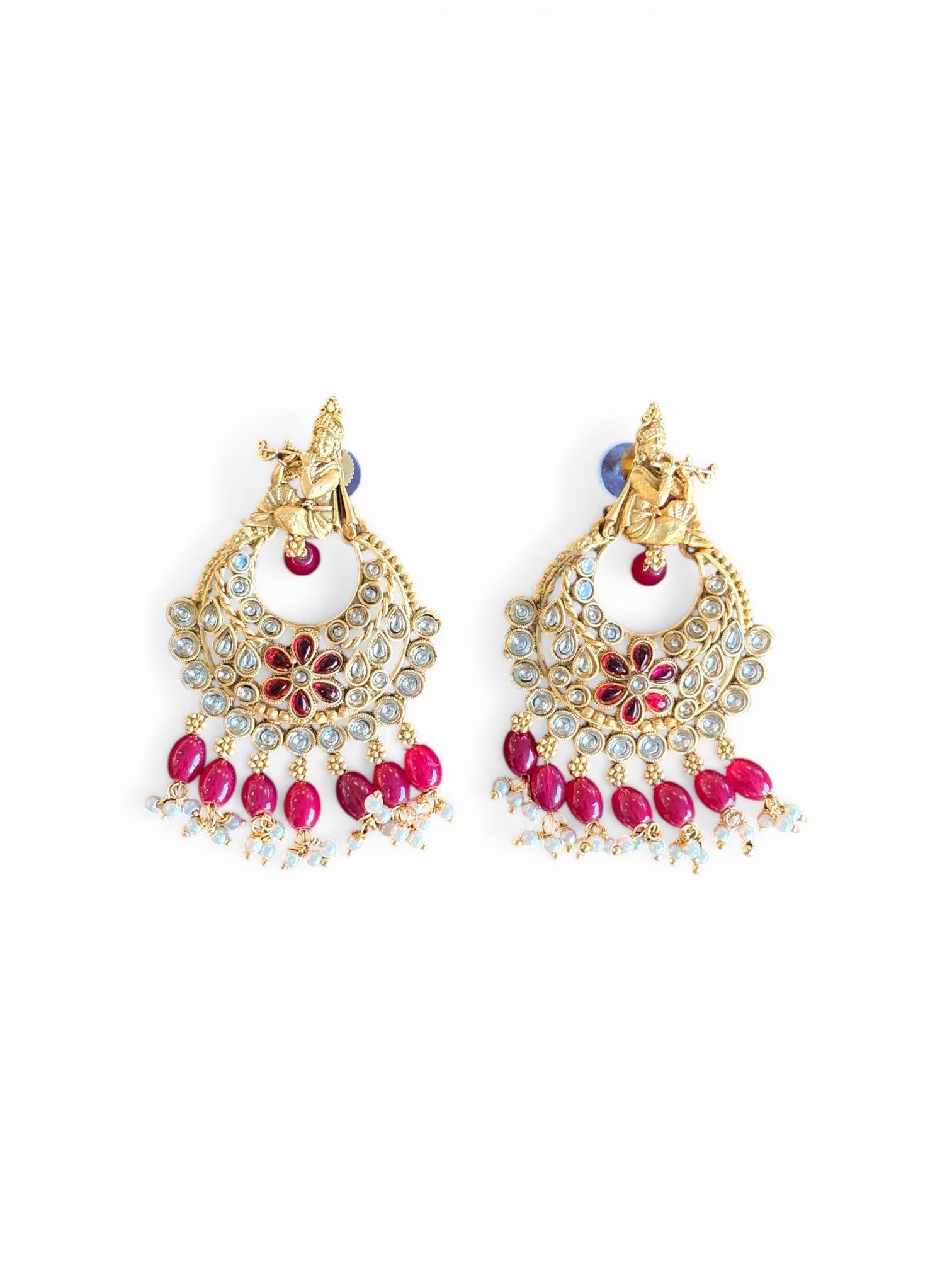 Krishna Design Red Kundan Chandbali Earrings