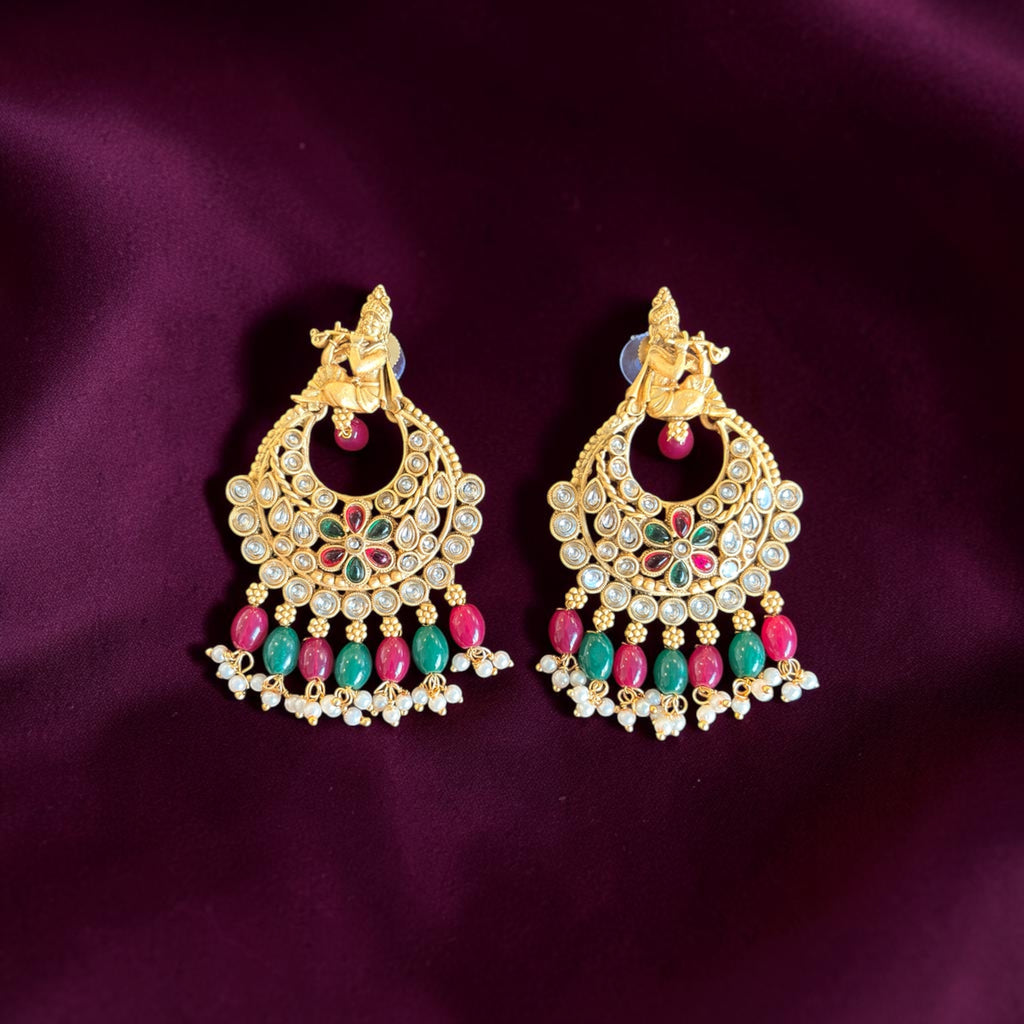 Krishna Design Kundan Chandbali Earrings .