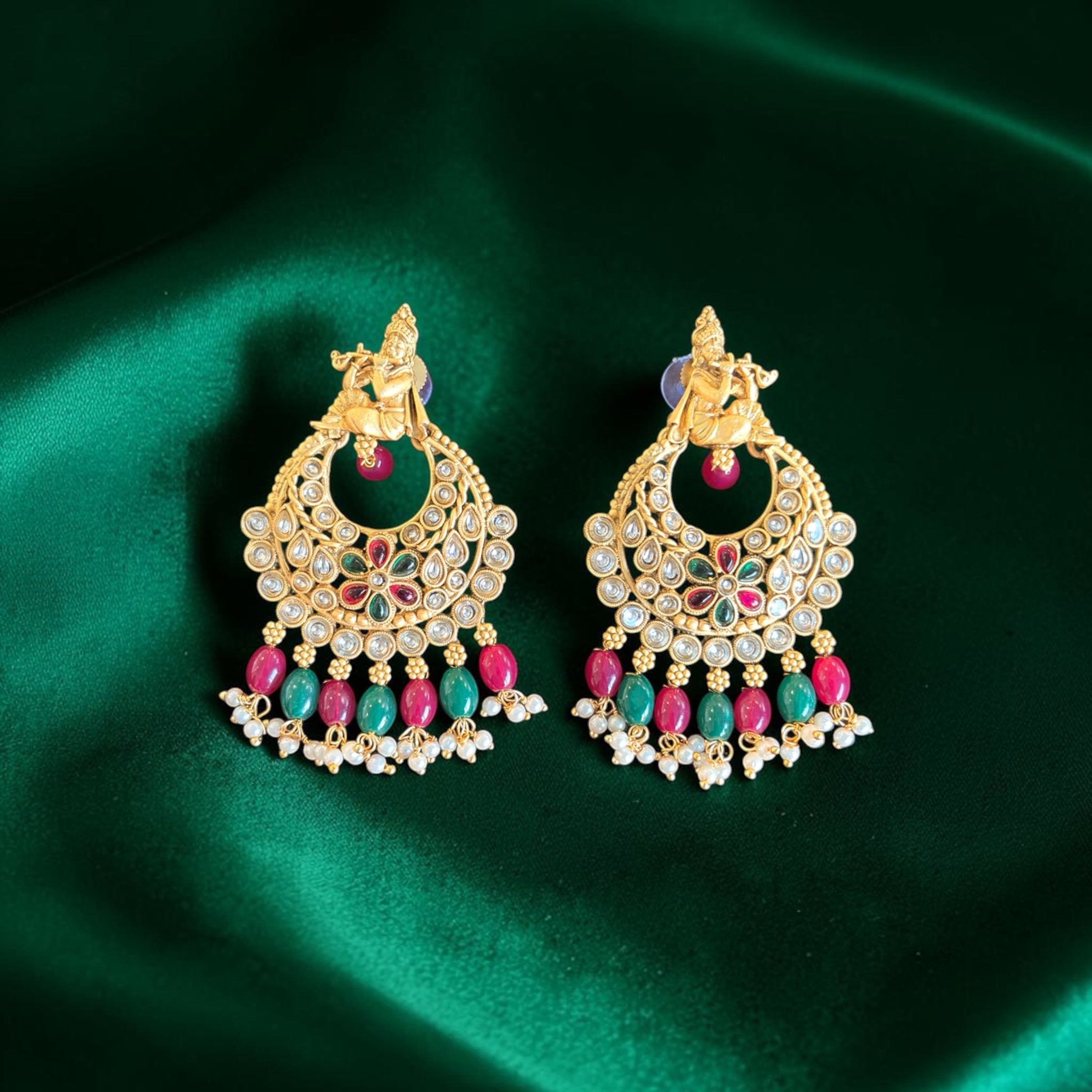Krishna Design Kundan Chandbali Earrings .