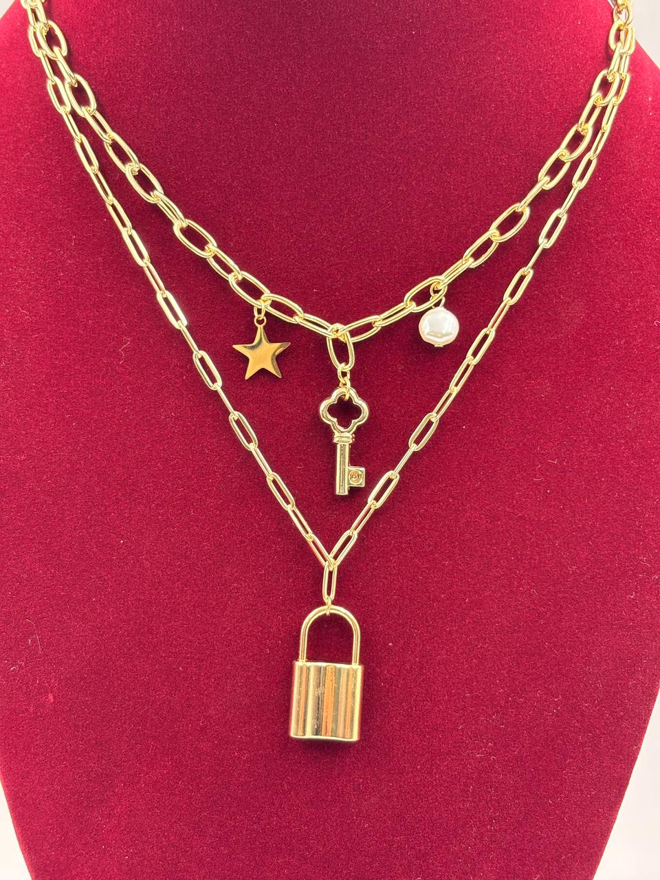 Layered Lock and Key Pendant Fashion Jewellery Necklace for Women