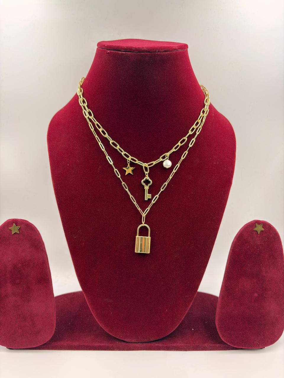 Layered Lock and Key Pendant Fashion Jewellery Necklace for Women View 3