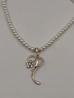 White Pearl Necklace with Curved Gold Pendant and Earrings