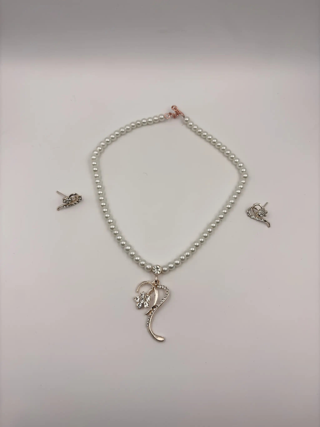 White Pearl Necklace with Curved Gold Pendant and Earrings