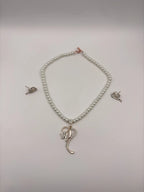 White Pearl Necklace with Curved Gold Pendant and Earrings